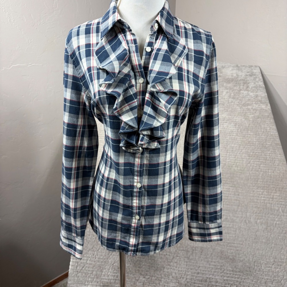 Lauren Ralph Lauren Plaid Ruffle Front Button Down Shirt Blue White Red Medium